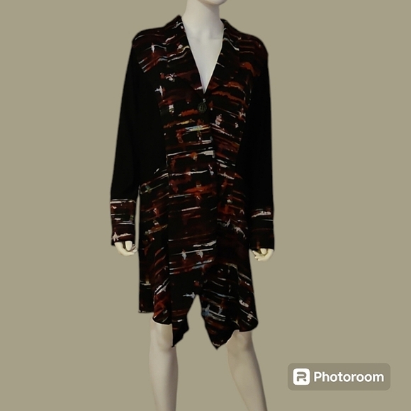 ALI MILES Black and Red Abstract Assymetric Longline Kimono Jacket - Picture 1 of 9